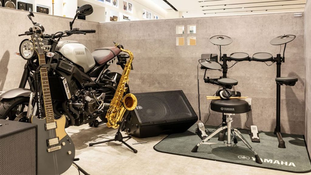 Yamaha motorcycles and musical equipment display