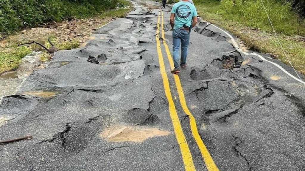 Flood-damaged road after Hurricane Helene