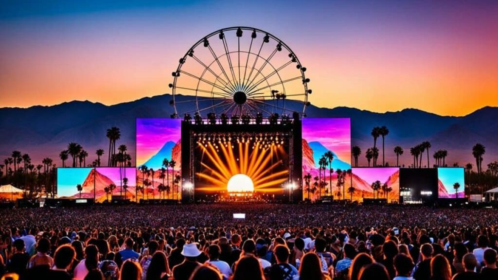 Coachella festival crowd during sunset