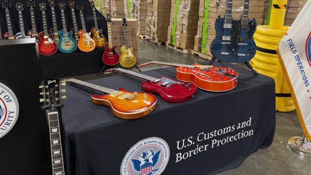 Seized counterfeit Gibson guitars on display