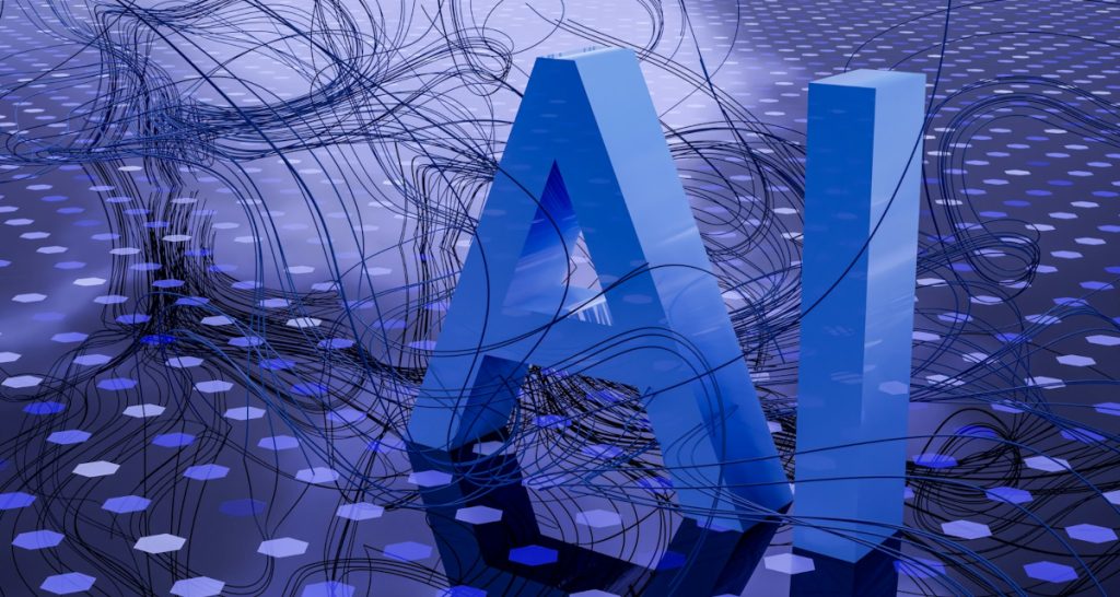 Blue AI letters with circuitry