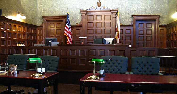 Empty courtroom with judges bench