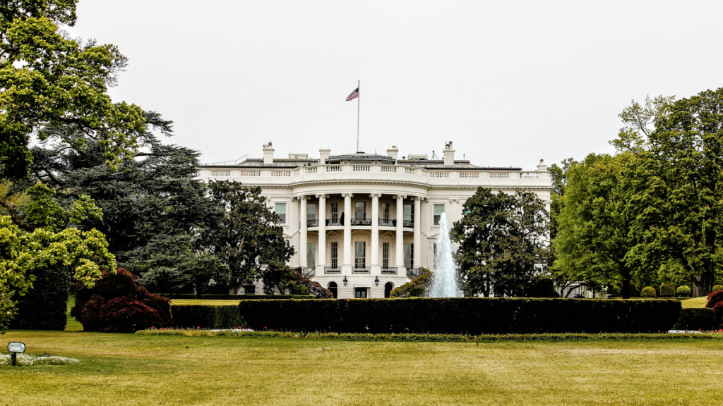 White House illuminated at dusk