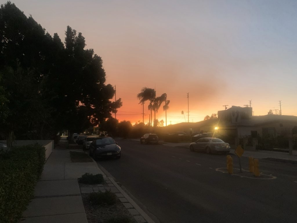 LA wildfire smoke at sunset