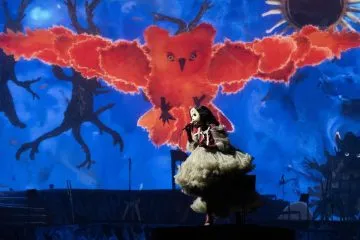 Bjork performing in fluffy dress