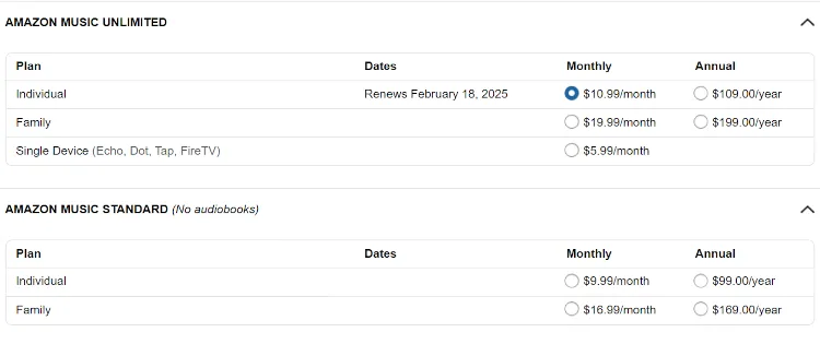 Amazon Music subscription price display