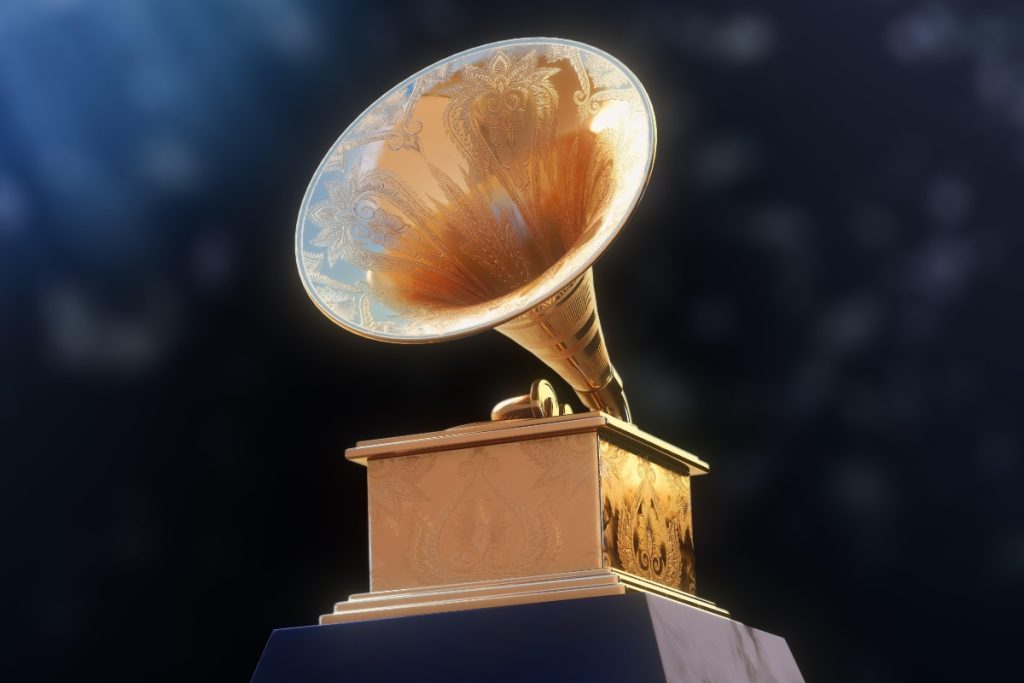 Grammy trophy against black backdrop