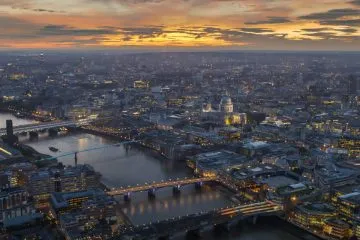 London aerial cityscape at sunset